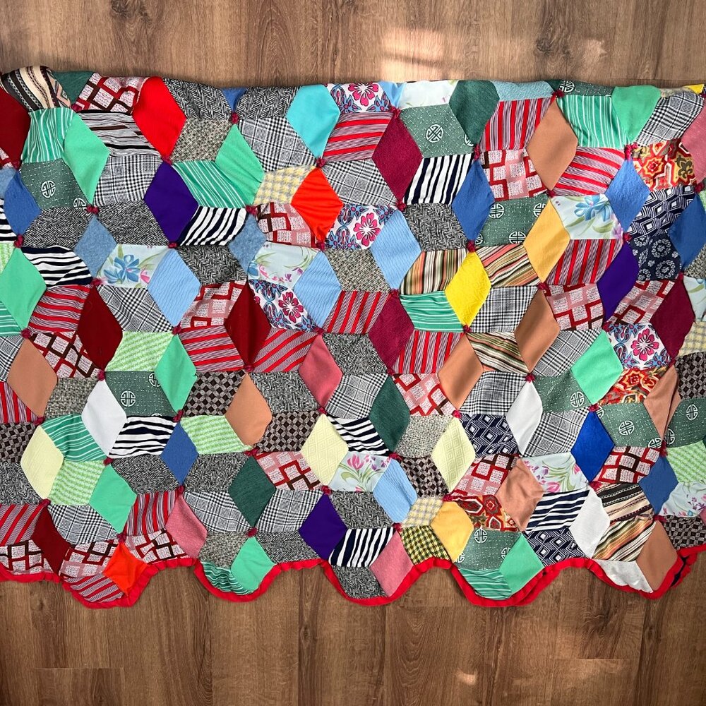 Vintage New England Wool Cube Crazy Quilt 84" x 64"